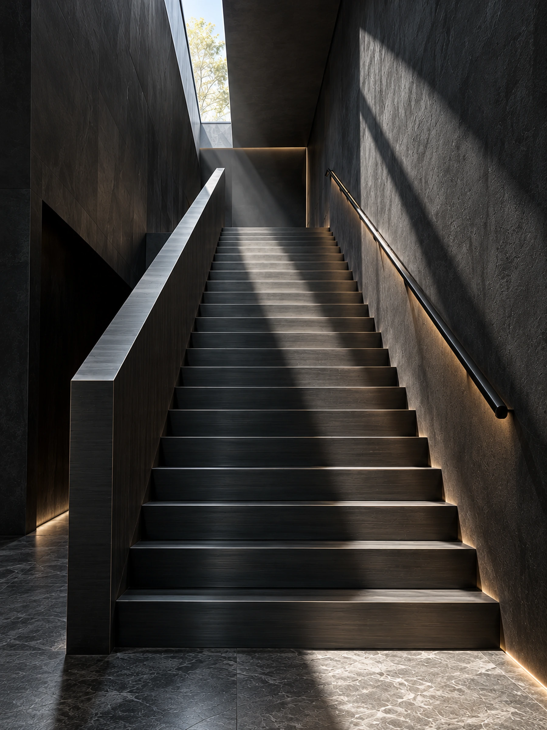 Escadaria de concreto com feixe de luz natural e corrimão metálico